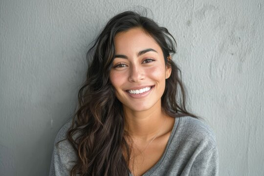 Successful Latin woman with a bright smile, grey wall setting