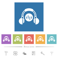 Music listening flat white icons in square backgrounds