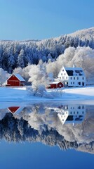 Tranquil winter scene with a clear blue sky. Water is like a mirror reflecting the snow-covered landscape. White house and red barn with dark roof, all surrounded by snow-laden trees and hills