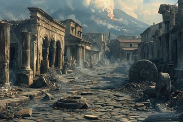 Pompeii tragedy: a haunting portrayal of the volcanic eruption's chaos, horror, and the people's plight, capturing the devastation and human tragedy in the ancient city's ruins