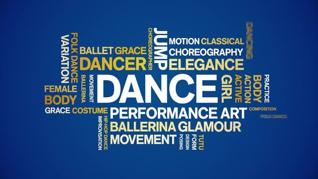 Dance animated tag word cloud;text design animation kinetic typography seamless loop.