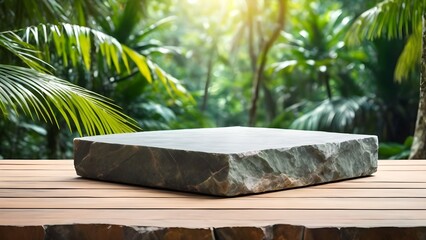Podium for Product Advertising Stand, Empty natural stone pedestal platform to display beauty product on tropical forest background. Mockup