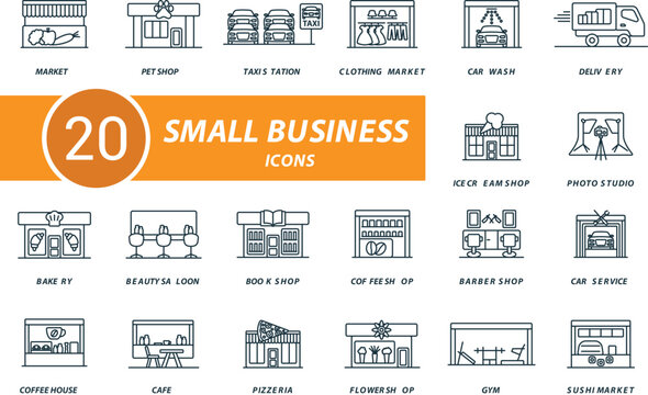 Small business outline icons set. Creative icons: market, pet shop, taxi station, clothing market, car wash, delivery, ice cream shop, photo studio and more