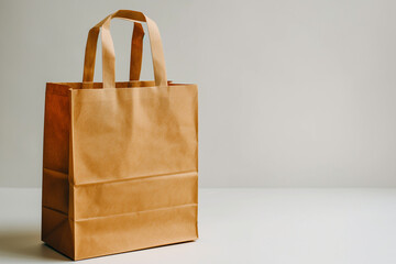 A blank brown paper bag and a handle on a white background, for mock-up. - obrazy, fototapety, plakaty