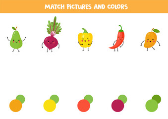 Match kawaii fruits and vegetables with colors. Educational worksheet for kids.