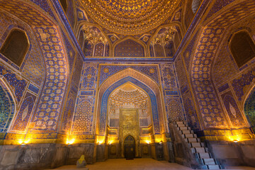 The interior of the mosque in the Tilla-Kari Madrasah on the Registan square, Samarkand, Uzbekistan