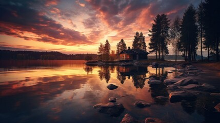 Fototapeta na wymiar Lake on Sunset Landscape View