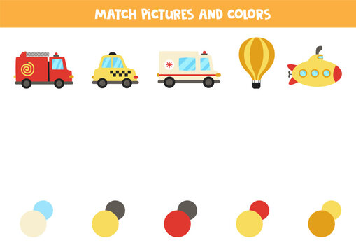 Match transportation means with colors. Educational worksheet for kids.