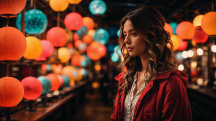 Woman with colorful lanterns. AI