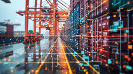 Digitalised Freight Terminal at Dusk.
Shipping containers at a freight terminal overlaid with digital data visualisation at dusk.