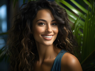 Fototapeta premium Portrait of Beautiful Smiling Woman with Exotic Skin and Curly Hair