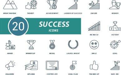 Success outline icons set. Creative icons: mountain peak, the best, achievement, ladder of success, career, winner, increase, victory and more