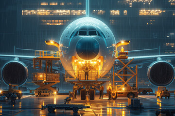 Airplane Frontal View During Maintenance.
Frontal view of an airplane during night maintenance with workers and equipment on the tarmac.