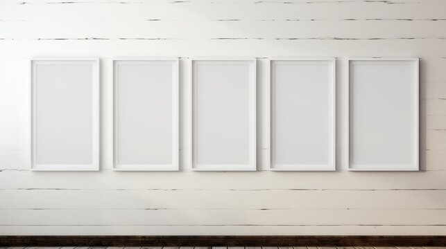 Empty picture frames on wall, three white inside painting frames mockup 