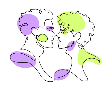 Gays Kiss Outline Art. Drawing Of Gay Couple In Love, Solid Line, Vector Illustration Isolated On White Background. Face Line Art Minimal Style Poster.
