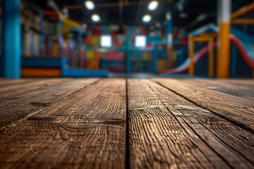 Empty Wooden Table with Trampoline Park Blur background - obrazy, fototapety, plakaty