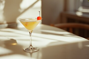 Margarita cocktail, rich and jingly texture, minimalistic elegance style, sunlight, white table in the bright bar
