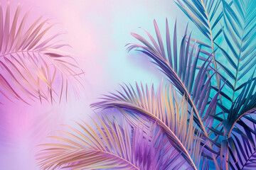 Realistic palm leaves and tropical tree in vibrant gradient and neon colors, with minimal and surrealism art concept...