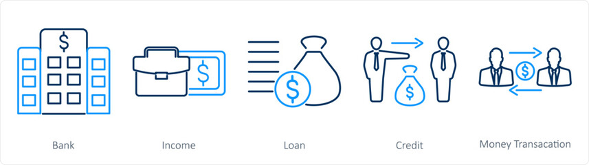 A set of 5 accounting icons as bank, income, loan