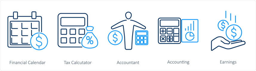 A set of 5 accounting icons as financial calendar, tax calculator, accountant