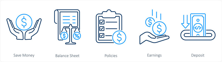 A set of 5 accounting icons as save money, balance sheet, policies