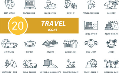 Naklejka premium Travel outline icons set. Creative icons: destination, online booking, all inclusive, check in, travel insurance, vacation, hotel review, tourist guide and more