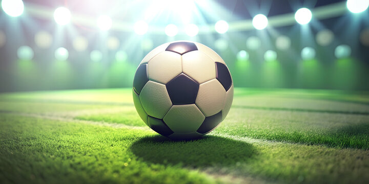 Close-up of a Football (Soccer) with spotlights illuminated on the green turf in a football field in the concept of a youth sports football championship. Victory, success, Sports, Goals, 3d rendering