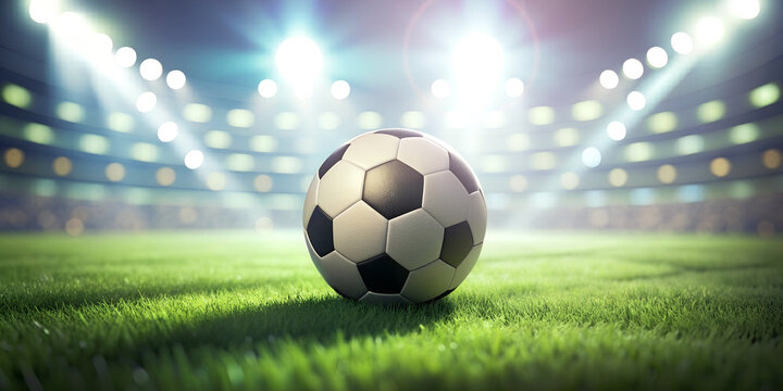 Close-up of a Football (Soccer) with spotlights illuminated on the green turf in the background of a stadium at night in the qualifying match concept. Victory, success, Sports, Goals, 3d rendering