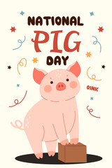 Pig standing on the box. Little cute piglet postcard. National pig day greeting card
