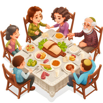 Family gathering around a table for a passover seder isolated on white background, isometry, png
