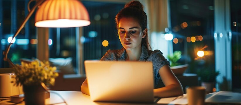 Woman working with laptop at deadline make late go home in an office at night. Generated AI image