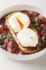 Burgundy Poached Egg in Red Wine Sauce on Toast Oeuf en Meurette closeup on the plate on the table. Vertical