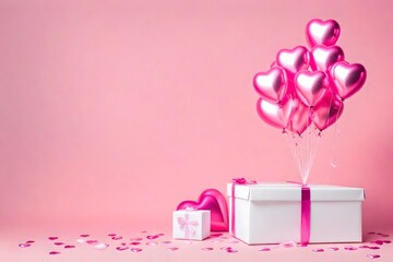 Paint a picture of love and celebration with pink heart-shaped balloons soaring out of a white gift box against a lovely pink backdrop.