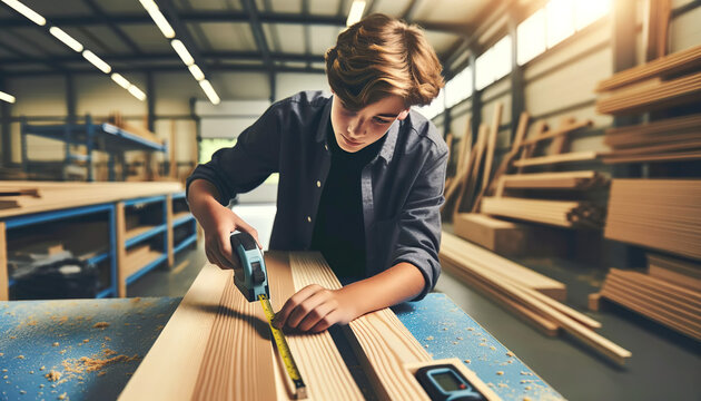  A teenage boy apprentice working in a carpenter's workshop. As an apprentice, you will receive job training and learn basic carpentry and technical skills, and building code requirements