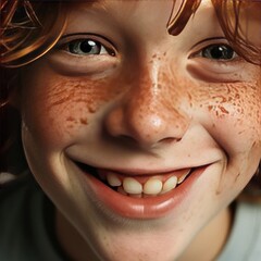 Young boy with freckles is smiling to the camera extreme close up