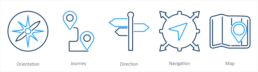 A set of 5 Adventure icons as orientation, journey, direction - obrazy, fototapety, plakaty