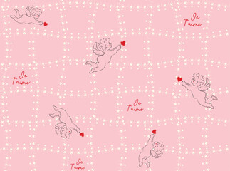 Valentine Cupid Hand Draw Line illustration Vector Seamless Pattern On Pink background Wallpaper,14 feb Love Day, Cute graphic 