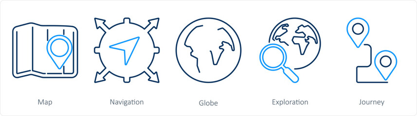 A set of 5 Adventure icons as map, navigation, globe
