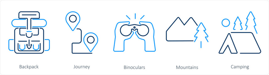 A set of 5 Adventure icons as backpack, journey, binoculars