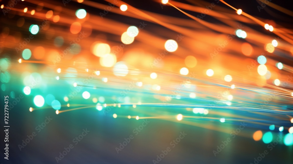 Aufkleber close-up of illuminated fiber optic cables with vibrant bokeh lights creating a dynamic technology b