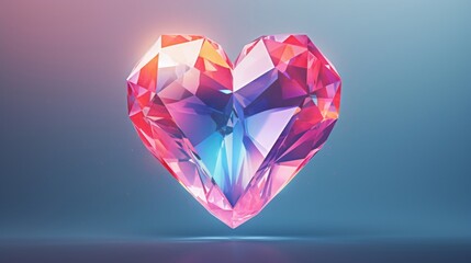 A digital illustration of a vibrant pink crystal heart with facets shining against a blue gradient background. - obrazy, fototapety, plakaty