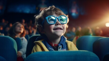 Young boy with blue glasses captivated by a cinematic adventure in a dark movie theater setting.