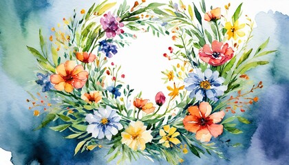 Fototapeta na wymiar Blooms in Circles: Round Watercolor Illustration with Flowers