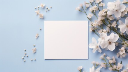 A blank white card surrounded by delicate white flowers on a serene blue background, inviting a personalized message.
