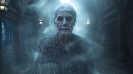 Fototapeta premium An eerie portrayal of an elderly woman as a ghostly apparition, haunting an ancient, mist-filled mansion.