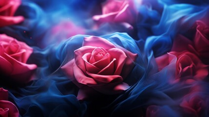 Blue, red, and purple neon rose with smoke.
