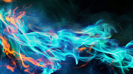 Turquoise Colored Stylized Fire. Iridescent Holographic Multicolor Abstract Flame. Creative background. Website background. Copy paste area for texture