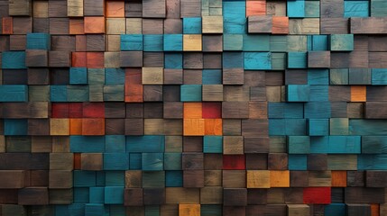 a stunning image that presents aged wood art architecture textures and abstract block stacks on a wall, with each block showcasing a different color. This composition provides a colorful wood texture.