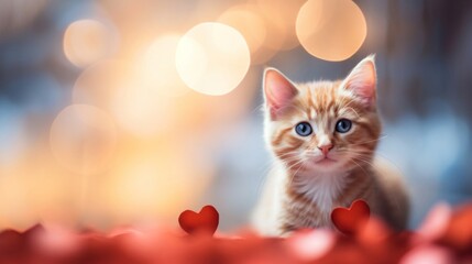 Adorable ginger kitten among red hearts, warm festive bokeh backdrop.