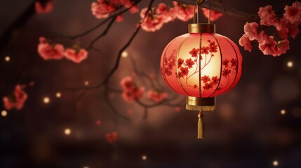 A beautifully illuminated red Chinese lantern with floral patterns, suspended among cherry blossoms against a soft-focus background.